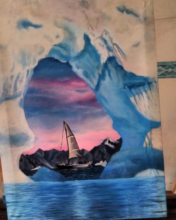 "Barco navegando entre icebergs" Cuadro pintado al óleo de 50x70cm